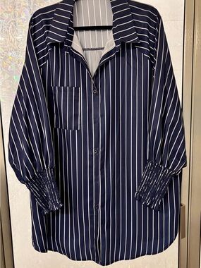 Women’s Navy Blue Vertical-Stripe Button-Up Shirt